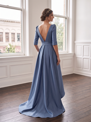 3/4 Puffed Sleeve Notched Square Neck Satin Bridesmaid Dress Deep Side Pockets High Low Train Dusty Slate Blue Formal Wedding Guest Evening Gown