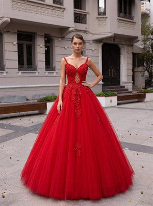 Spaghetti Strap Deep V Red Glitter Tulle Ball Gown Prom Dress Lace Applique Corset Back Quinceanera Dress