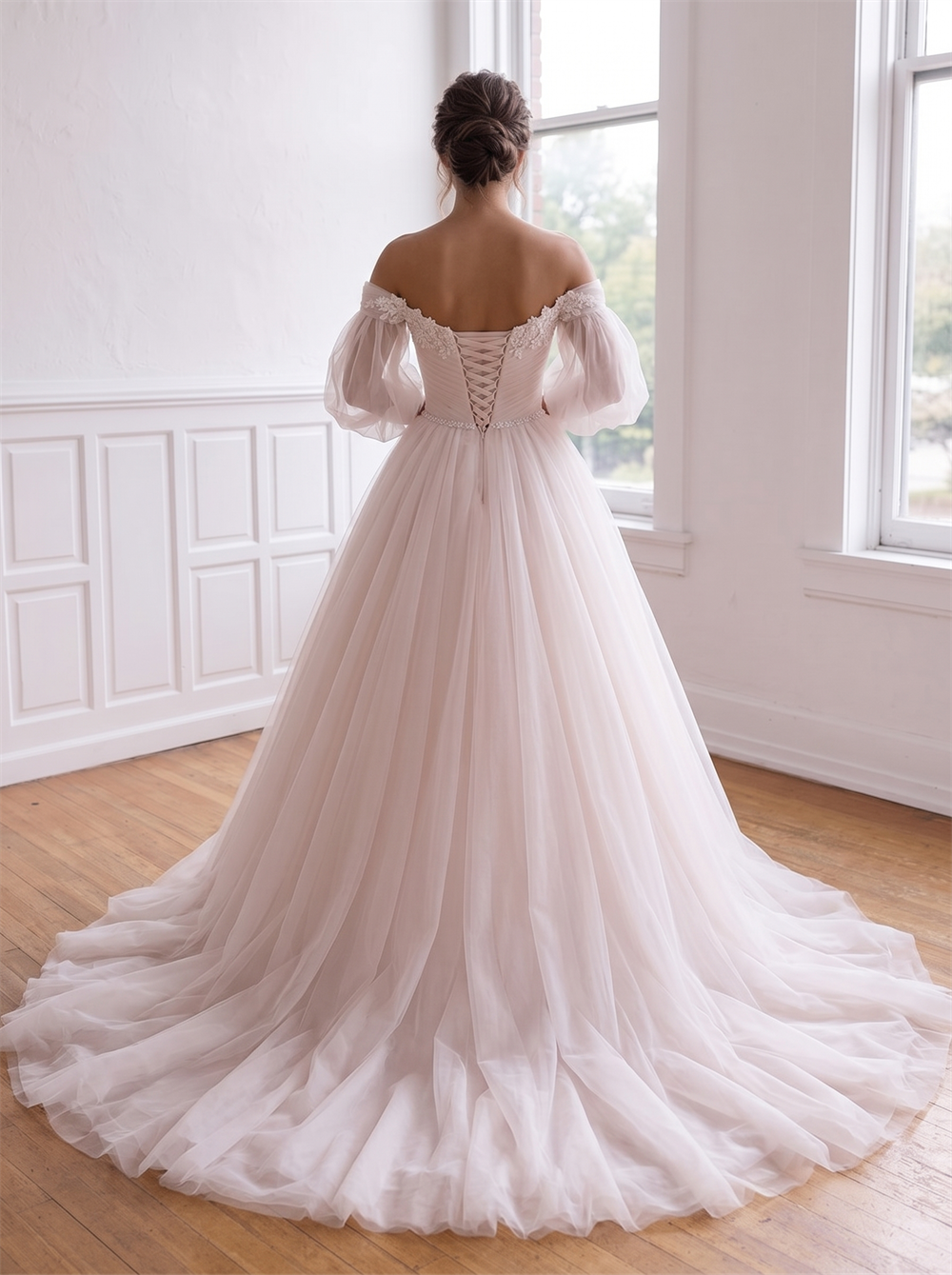 Off The Shoulder Puff Sleeve Tulle Ball Gown Wedding Dress Floral Lace Corset Back Crystal Bridal Gown