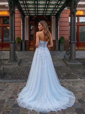 Strapless Sweetheart Floral Lace Light Blue Tulle Ball Gown Evening Dress Lace-Up Back High Slit Prom Dress