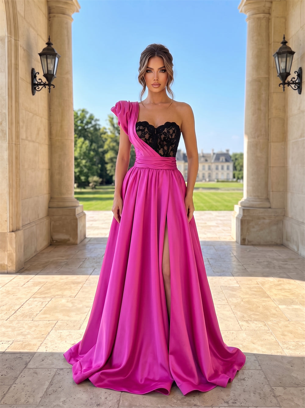 One Shoulder Black Lace Satin High Slit Evening Gown Bridal Dress