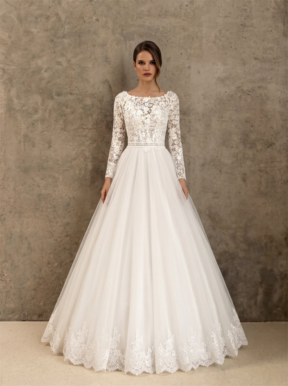 Wedding Dress Modest Lace Long Sleeve Tiered Airy Tulle A Line Wedding Dress With Bateau Neck & Crisscross Corset Back