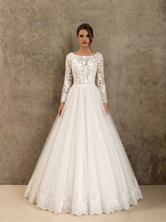 Wedding Dress Modest Lace Long Sleeve Tiered Airy Tulle A Line Wedding Dress With Bateau Neck & Crisscross Corset Back