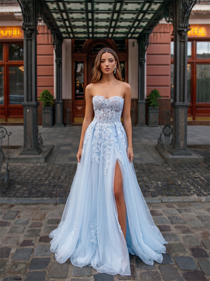 Strapless Sweetheart Floral Lace Light Blue Tulle Ball Gown Evening Dress Lace-Up Back High Slit Prom Dress