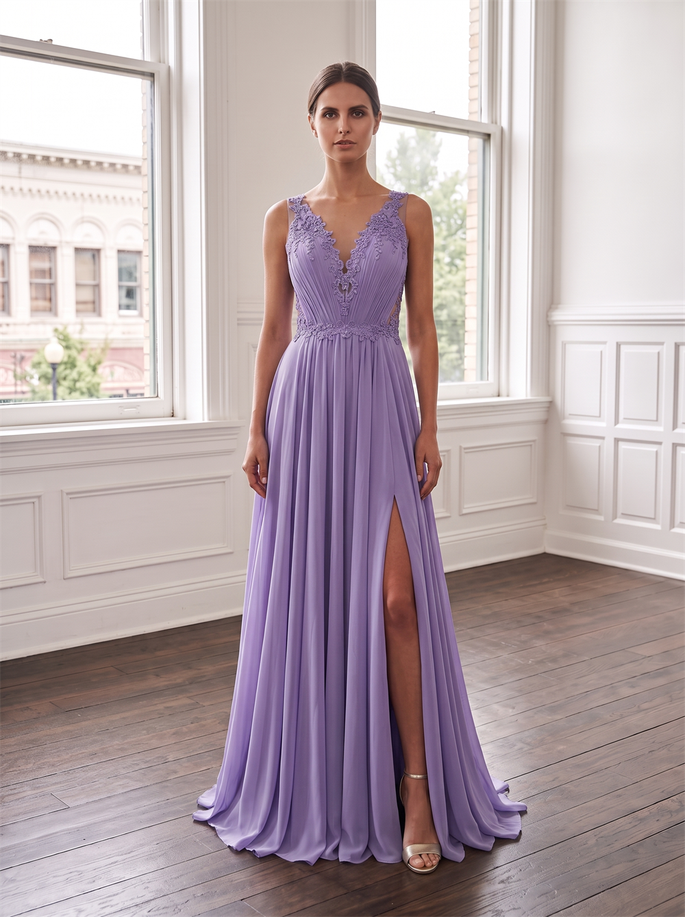 V Neck Floral Lace Chiffon Bridesmaid Dress Illusion Sheer Lace Back Pearl Button High Leg Slit Lavender Purple Formal Wedding Guest Evening Gown
