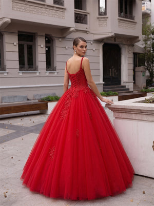 Spaghetti Strap Deep V Red Glitter Tulle Ball Gown Prom Dress Lace Applique Corset Back Quinceanera Dress
