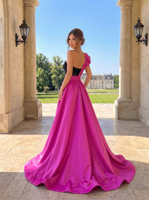 One Shoulder Black Lace Satin High Slit Evening Gown Bridal Dress