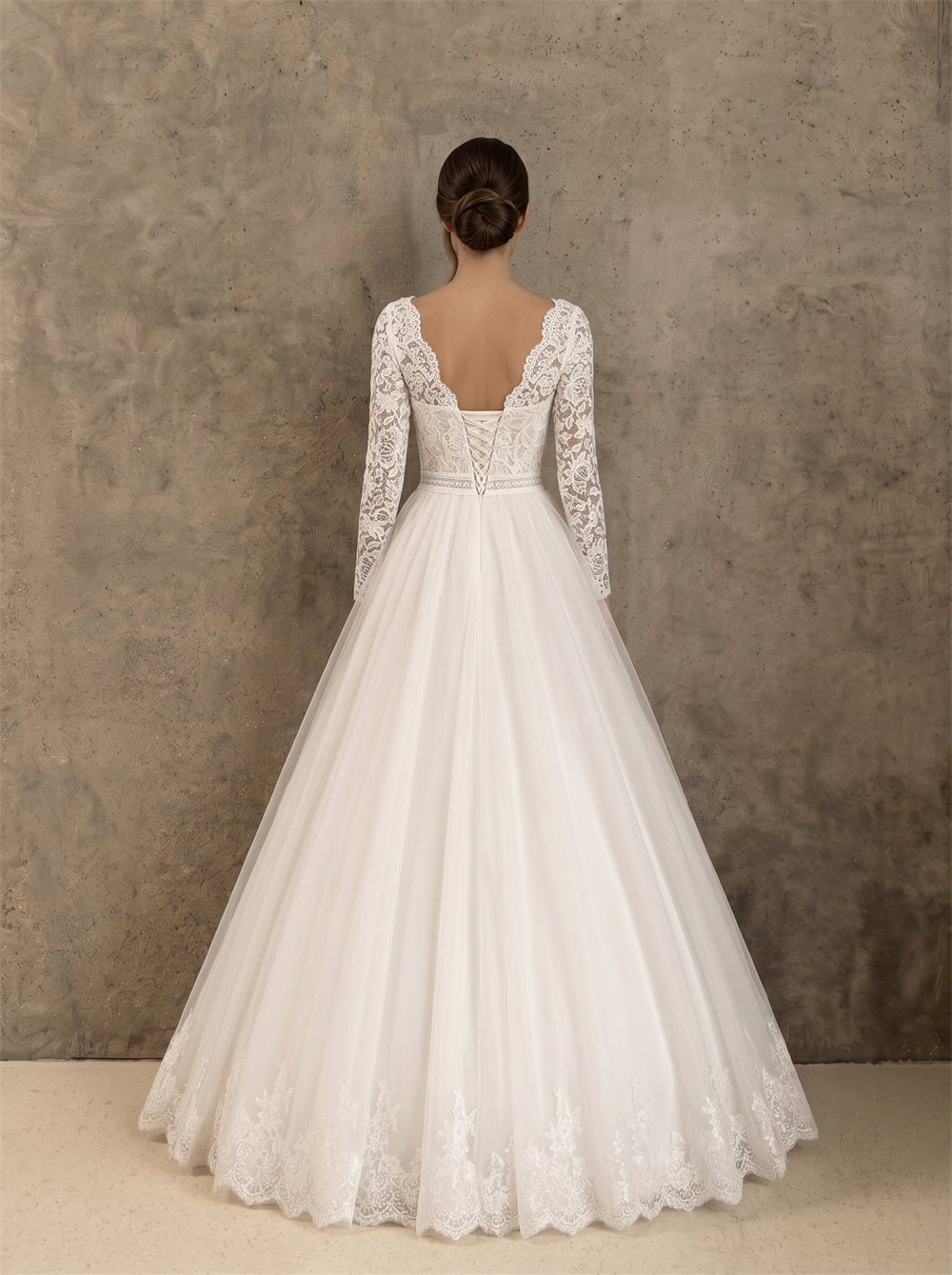 Wedding Dress Modest Lace Long Sleeve Tiered Airy Tulle A Line Wedding Dress With Bateau Neck & Crisscross Corset Back