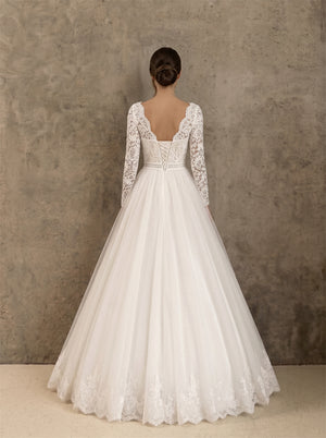 Wedding Dress Modest Lace Long Sleeve Tiered Airy Tulle A Line Wedding Dress With Bateau Neck & Crisscross Corset Back