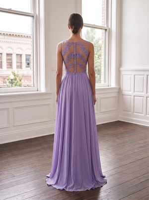 V Neck Floral Lace Chiffon Bridesmaid Dress Illusion Sheer Lace Back Pearl Button High Leg Slit Lavender Purple Formal Wedding Guest Evening Gown