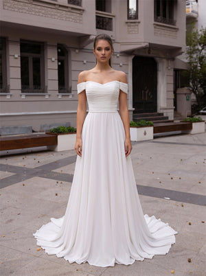 Off The Shoulder Ruched Chiffon Wedding Dress Sweetheart Back Drape A Line Bridal Gown