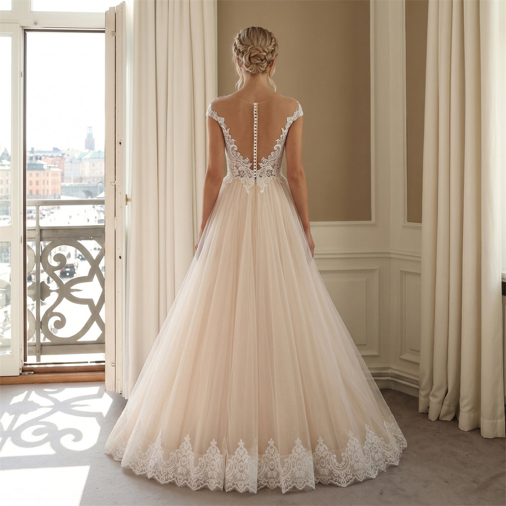 Wedding Dress Romantic Blush Tulle A Line Wedding Dress With Off Shoulder Floral Lace Cap Sleeves & Pearl Placket Back