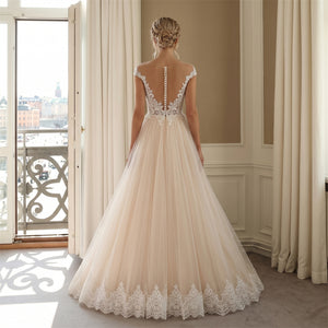 Wedding Dress Romantic Blush Tulle A Line Wedding Dress With Off Shoulder Floral Lace Cap Sleeves & Pearl Placket Back