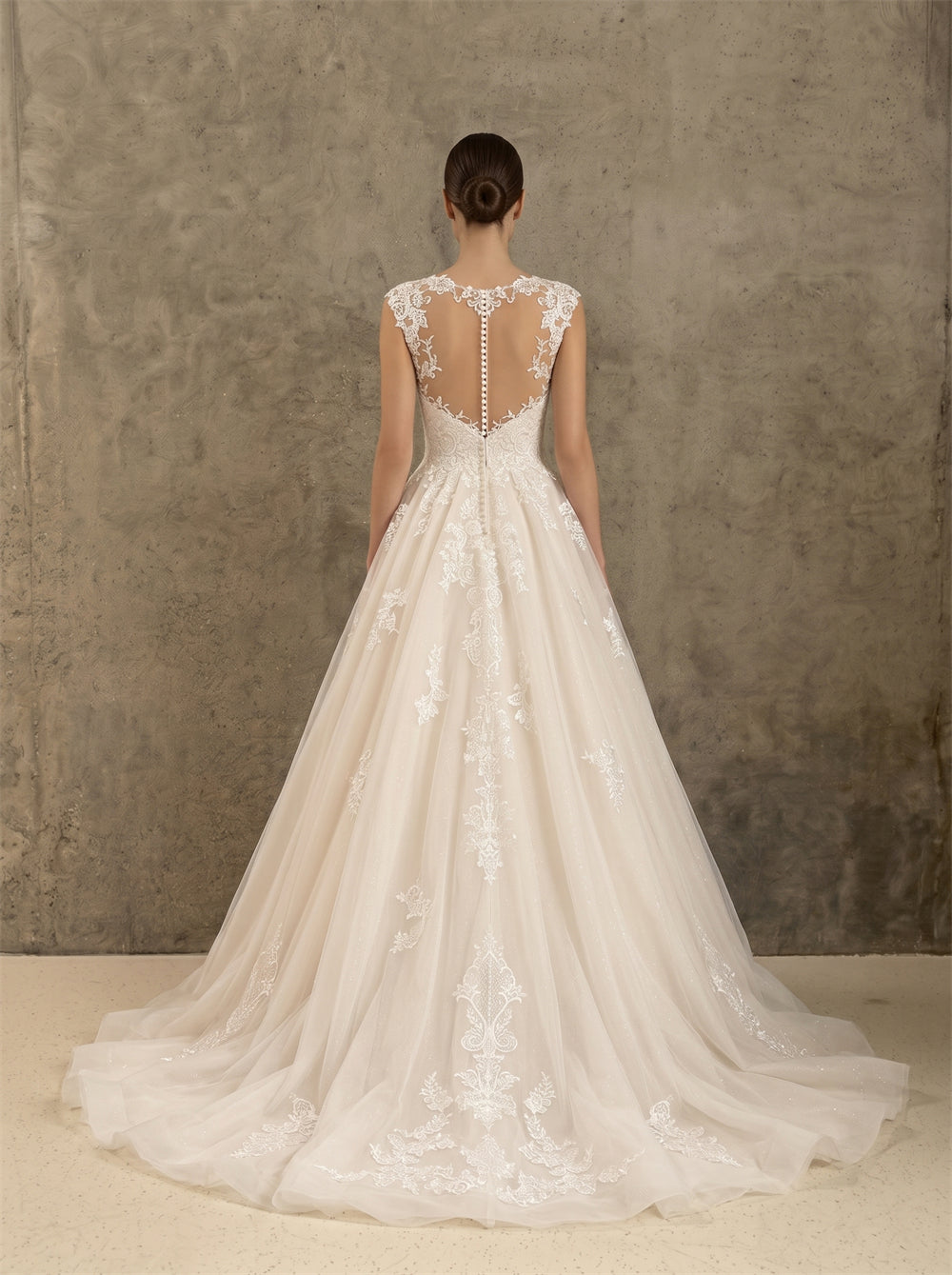 Cap Sleeve Floral Lace Illusion Back Soft Tulle A Line Wedding Dress Bridal Dress