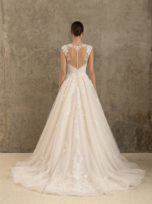 Cap Sleeve Floral Lace Illusion Back Soft Tulle A Line Wedding Dress Bridal Dress