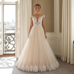 Wedding Dress Romantic Blush Tulle A Line Wedding Dress With Off Shoulder Floral Lace Cap Sleeves & Pearl Placket Back