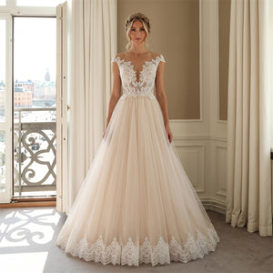 Wedding Dress Romantic Blush Tulle A Line Wedding Dress With Off Shoulder Floral Lace Cap Sleeves & Pearl Placket Back