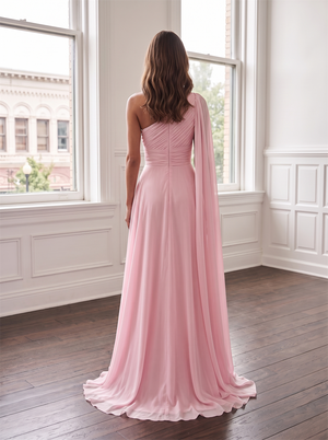 One Shoulder Cape Sleeve Ruched Chiffon Bridesmaid Dress High Leg Slit Hidden Back Zipper Blush Pink Formal Wedding Guest Evening Gown