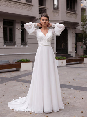 Long Puff Sleeve Lace Chiffon Wedding Dress Surplice V Neck Deep V Back Waist Sash A Line Bridal Gown