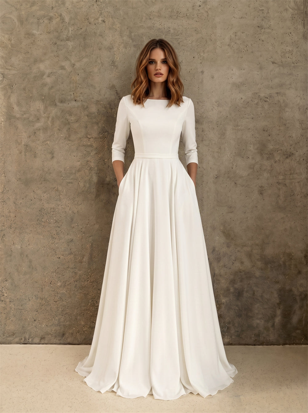 Round Neck 3/4 Sleeve Hidden Pocket Plain A Line Wedding Dress Bridal Dress