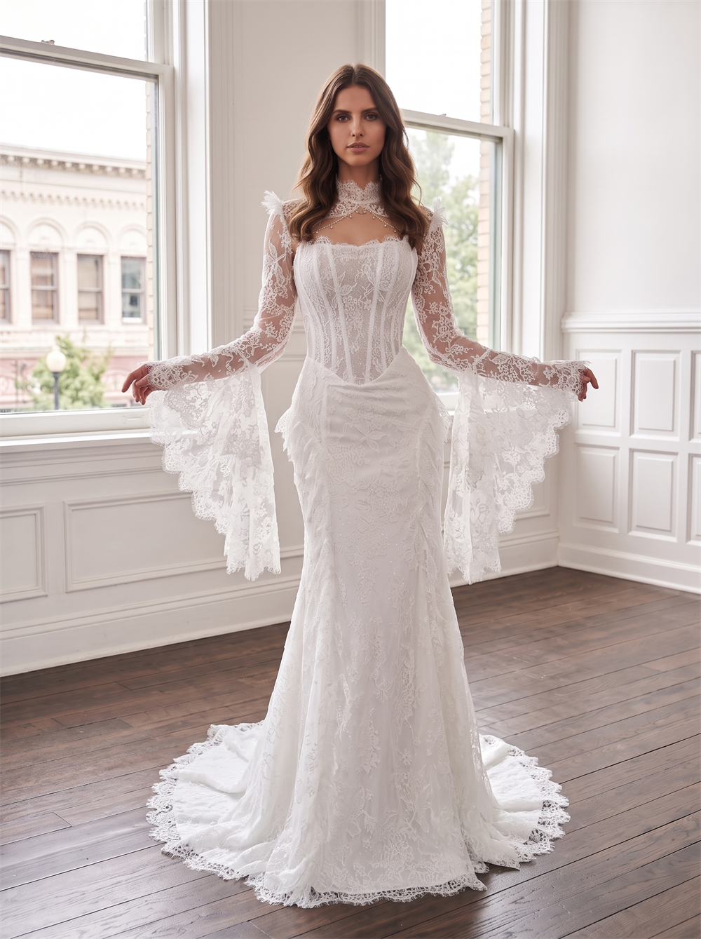 High Neck Bell Sleeve Lace Mermaid Wedding Dress Corset Lace Up Back Vintage Gown