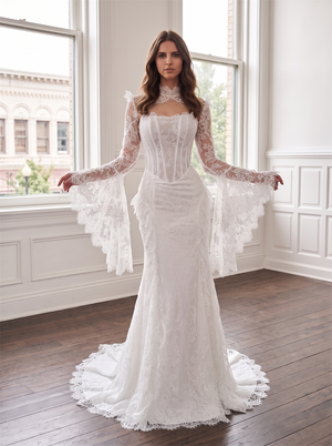High Neck Bell Sleeve Lace Mermaid Wedding Dress Corset Lace Up Back Vintage Gown