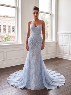 Strapless Sweetheart Full Lace Mermaid Prom Dress Low V Back Ruched Waist Cathedral Train Dusty Light Blue Formal Evening Bridesmaid Gown