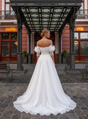 Strapless Puff Sleeve Beaded Waist Organza A Line Wedding Dress Button Back Soft Train Minimalist Bridal Gown