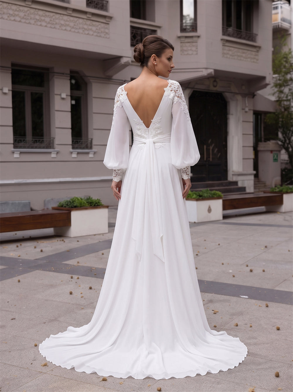 Long Puff Sleeve Lace Chiffon Wedding Dress Surplice V Neck Deep V Back Waist Sash A Line Bridal Gown