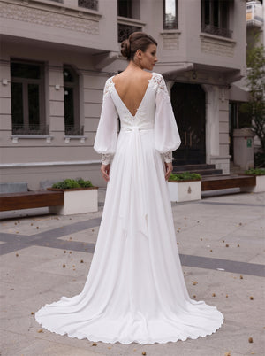 Long Puff Sleeve Lace Chiffon Wedding Dress Surplice V Neck Deep V Back Waist Sash A Line Bridal Gown