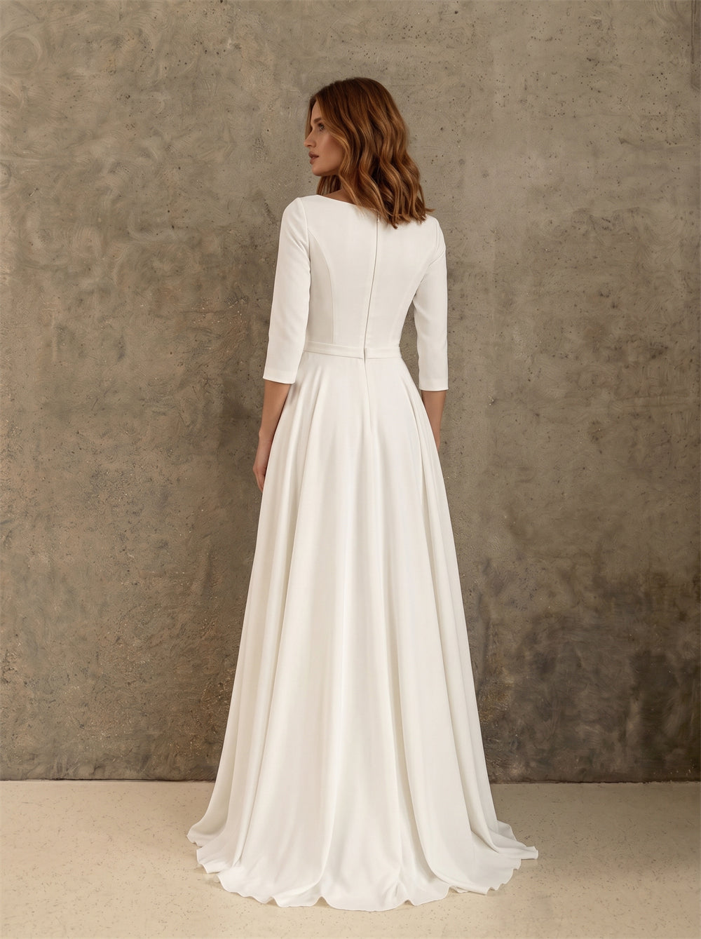 Round Neck 3/4 Sleeve Hidden Pocket Plain A Line Wedding Dress Bridal Dress
