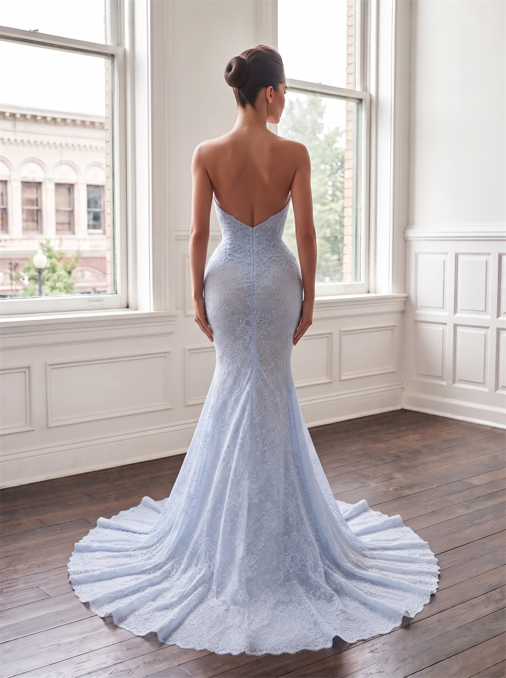 Strapless Sweetheart Full Lace Mermaid Prom Dress Low V Back Ruched Waist Cathedral Train Dusty Light Blue Formal Evening Bridesmaid Gown