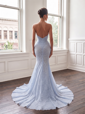 Strapless Sweetheart Full Lace Mermaid Prom Dress Low V Back Ruched Waist Cathedral Train Dusty Light Blue Formal Evening Bridesmaid Gown