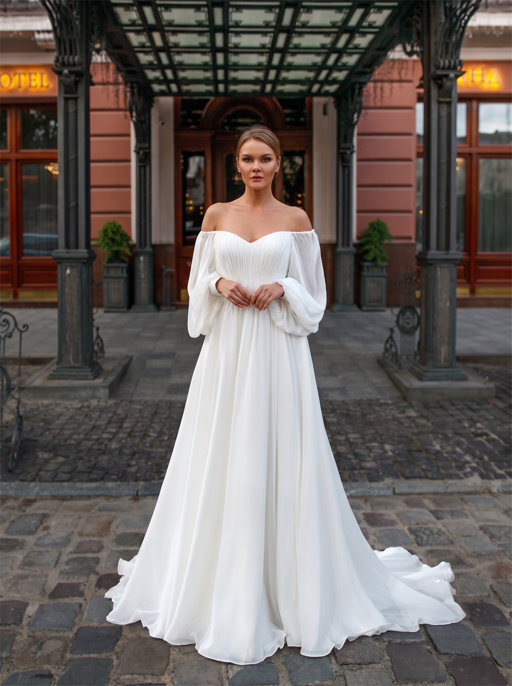 Off The Shoulder Bubble Long Sleeve Pleated Chiffon A Line Wedding Dress V Back Bridal Gown