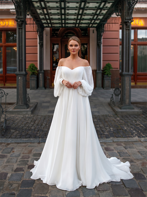 Off The Shoulder Bubble Long Sleeve Pleated Chiffon A Line Wedding Dress V Back Bridal Gown