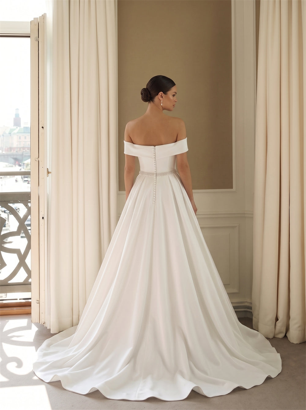 Wedding Dress Off Shoulder Beaded Waist Pearl Back Heavy Satin Ball Gown Bridal Gown