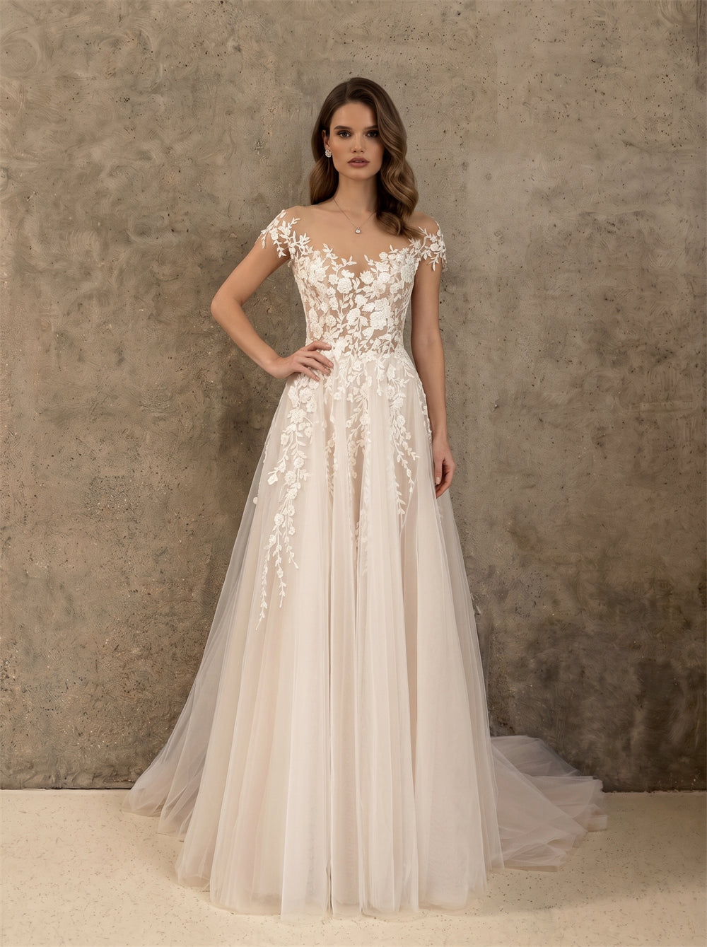 Off Shoulder Floral Lace Deep V Back Soft Tulle A Line Wedding Dress Bridal Dress