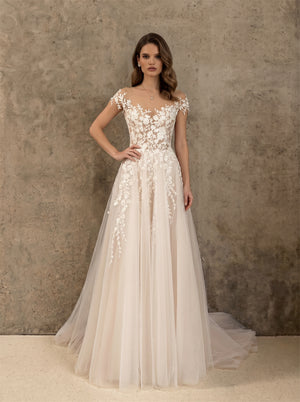 Off Shoulder Floral Lace Deep V Back Soft Tulle A Line Wedding Dress Bridal Dress