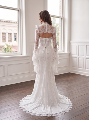 High Neck Bell Sleeve Lace Mermaid Wedding Dress Corset Lace Up Back Vintage Gown