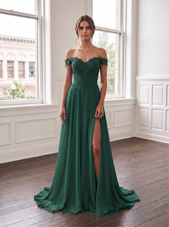 Off The Shoulder Scalloped Lace Beaded Chiffon Bridesmaid Dress High Leg Slit Emerald Dark Green Formal Wedding Guest Evening Gown