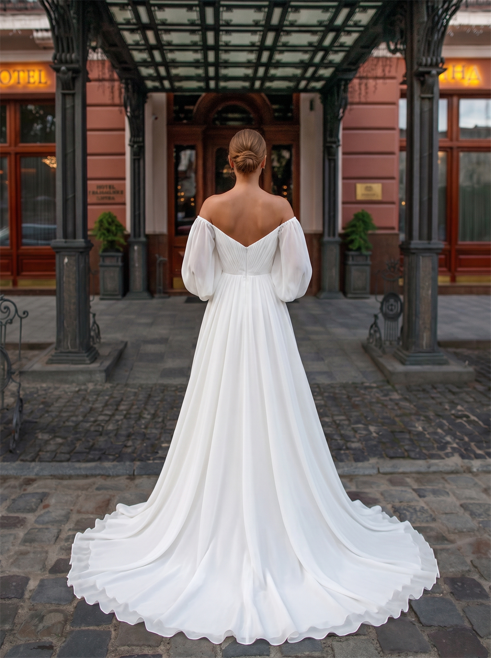 Off The Shoulder Bubble Long Sleeve Pleated Chiffon A Line Wedding Dress V Back Bridal Gown