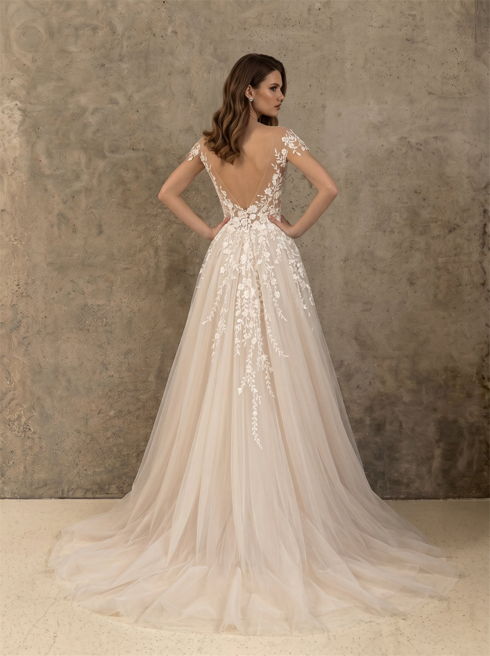 Off Shoulder Floral Lace Deep V Back Soft Tulle A Line Wedding Dress Bridal Dress
