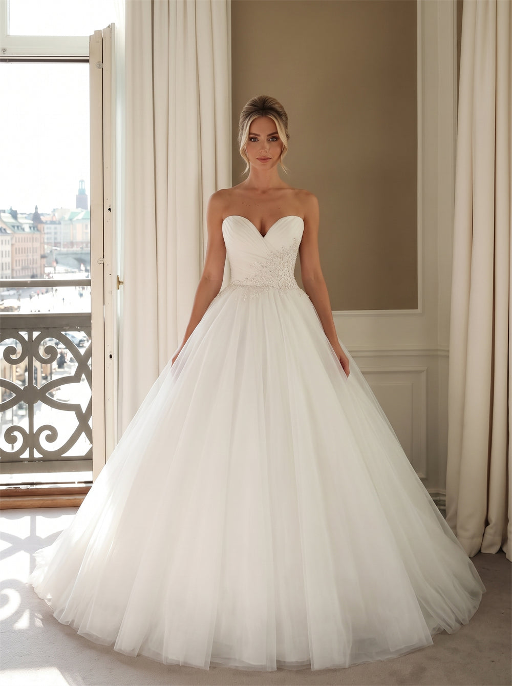 Wedding Dress Romantic Strapless Princess Tulle Wedding Dress With Beaded Lace Bodice & Corset Lace-Up Back