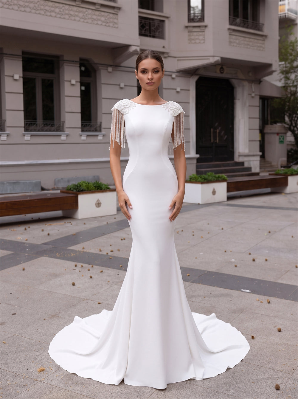 Bateau Neck Fringe Beaded Cap Sleeve Satin Mermaid Wedding Dress Deep V Back Bridal Gown