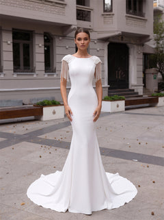 Bateau Neck Fringe Beaded Cap Sleeve Satin Mermaid Wedding Dress Deep V Back Bridal Gown