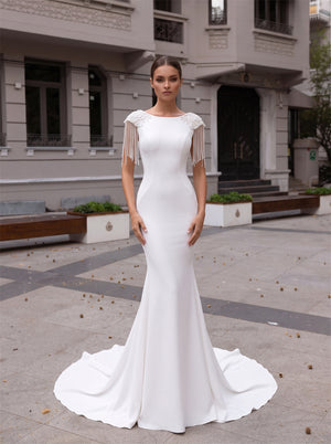 Bateau Neck Fringe Beaded Cap Sleeve Satin Mermaid Wedding Dress Deep V Back Bridal Gown