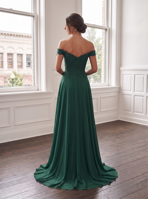 Off The Shoulder Scalloped Lace Beaded Chiffon Bridesmaid Dress High Leg Slit Emerald Dark Green Formal Wedding Guest Evening Gown