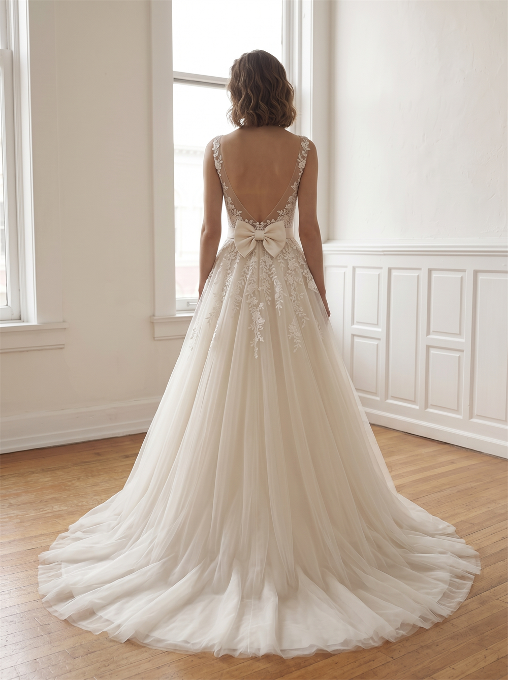 Illusion High Neck Lace Tulle A Line Wedding Dress Detachable Satin Bow Low V Sheer Back Champagne Lining Bridal Gown