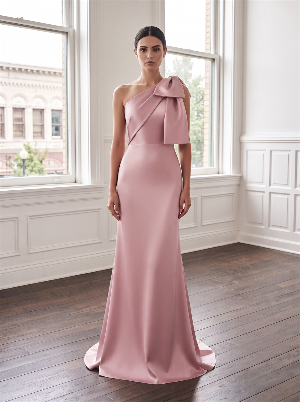 One Shoulder Big Bow Mermaid Satin Bridesmaid Dress Back Slit Dusty Mauve Pink Formal Wedding Guest Evening Gown
