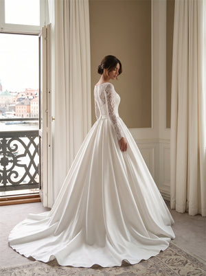 Wedding Dress Elegant Classic Satin Wedding Dress With Full Floral Lace Long Sleeves & Illusion V Back